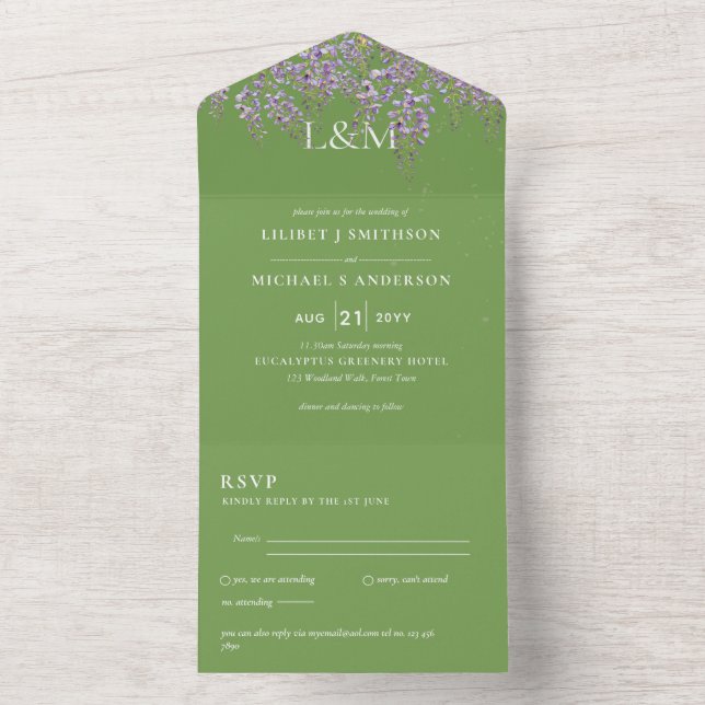 3in1 Wisteria Floral Green Wedding Invite RSVP (Inside)