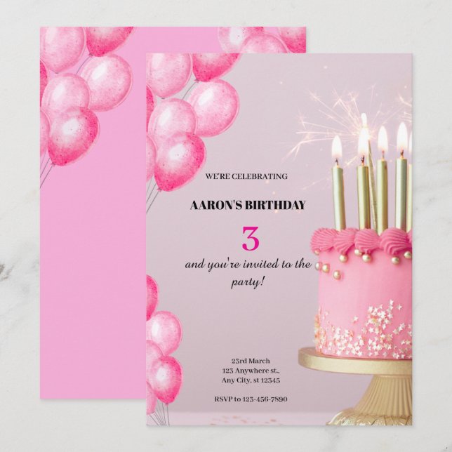 3nd Birthday Invitation – Cute & Customisable Part (Front/Back)