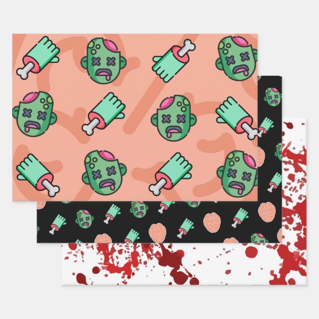 3pc Mmm, Brains... Halloween Wrapping Paper Sheets (Set)
