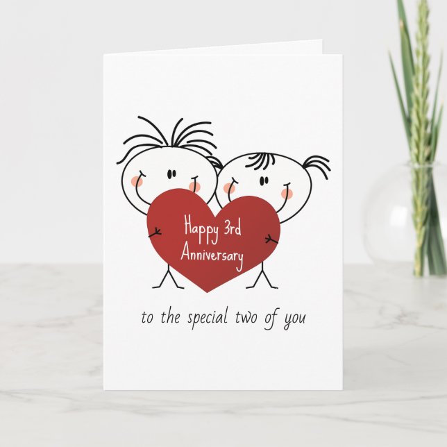 3rd Anniversary Stick Figure Couple With Heart Card (Front)