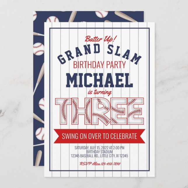 3rd Baseball Birthday Invitation (Front/Back)