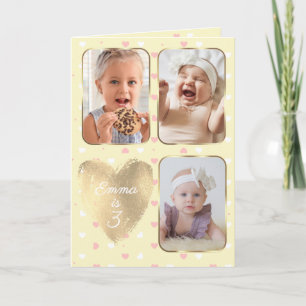 3rd Birthday 3 Picture Collage Yellow Pink White Card