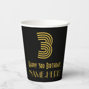 3rd Birthday: Art Deco Inspired Look “3” & Name Paper Cups