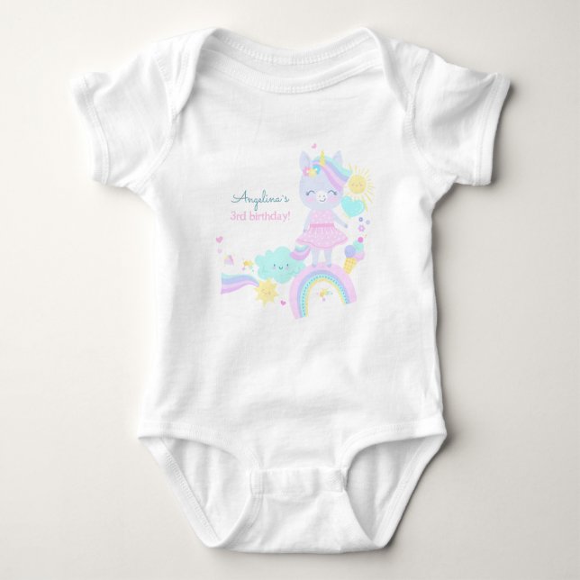 3rd birthday Baby Bodysuit with a funny unicorn. (Front)