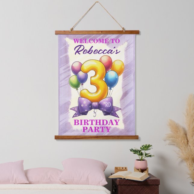 3rd Birthday Balloon Theme Hanging Tapestry (Bedroom)