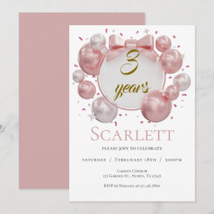 3rd birthday balloons and pink bows invitation