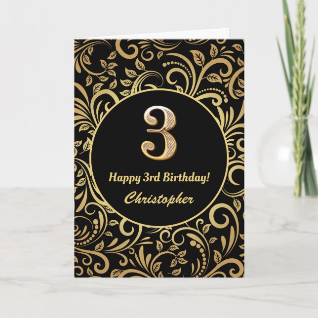 3rd Birthday Black and Gold Floral Pattern Card (Front)