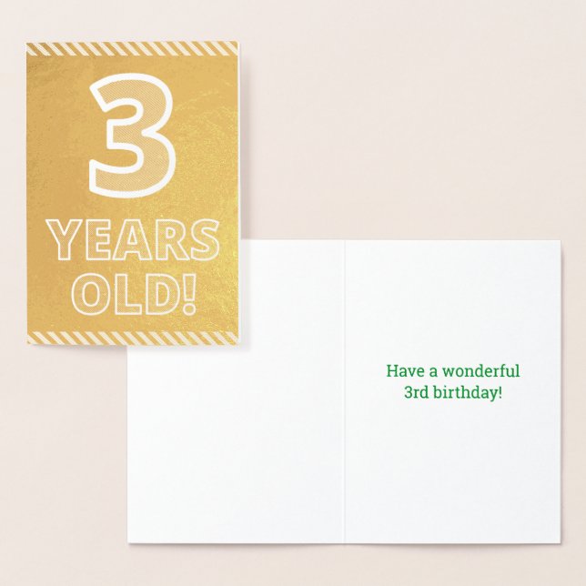 3rd Birthday - Bold "3 YEARS OLD!" Gold Foil Card (Display)