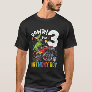 3rd Birthday Boy Dinosaur Monster Truck Long Sleev T-Shirt