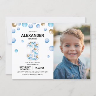 3rd Birthday Boy Party Photo Blue Gold Balloon Invitation