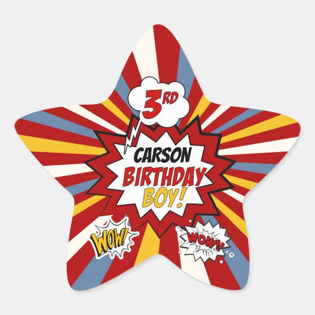 3rd Birthday Boy Superhero Comic with Name Star Sticker (Front)