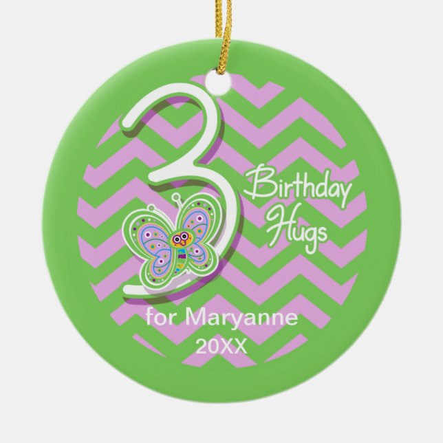 3rd Birthday Butterfly Hugs Custom Name Ceramic Tree Decoration (Front)