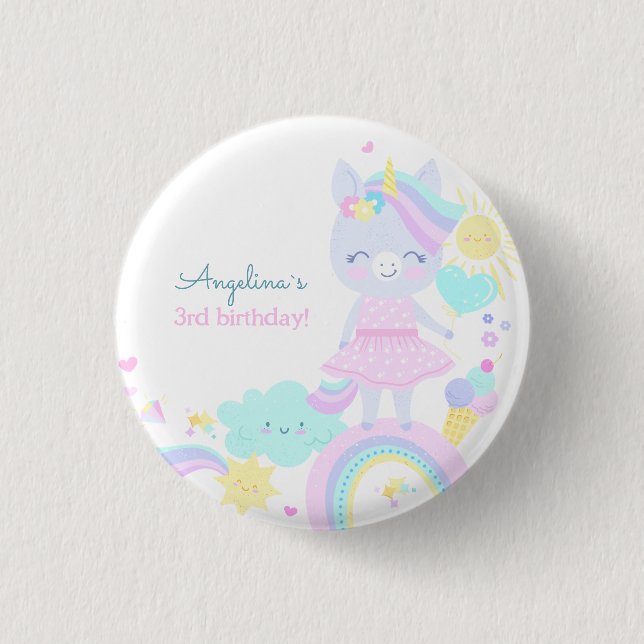 3rd birthday button with a funny unicorn. (Front)