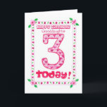 3rd Birthday Card for a Granddaughter<br><div class="desc">A pretty birthday card for a Three-year-old granddaughter,  with a  floral design in shades of pink and green,  made from a handpainted paper collage by Judy Adamson.</div>