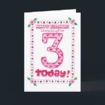 3rd Birthday Card for a Granddaughter<br><div class="desc">A pretty birthday card for a Three-year-old granddaughter,  with a  floral design in shades of pink and green,  made from a handpainted paper collage by Judy Adamson.</div>