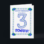 3rd Birthday Card for a Grandson<br><div class="desc">A birthday card for a Three-year-old grandson,  with a fresh blue,  green and white design made from a handpainted paper collage by Judy Adamson.</div>