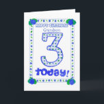 3rd Birthday Card for a Grandson<br><div class="desc">A birthday card for a Three-year-old grandson,  with a fresh blue,  green and white design made from a handpainted paper collage by Judy Adamson.</div>