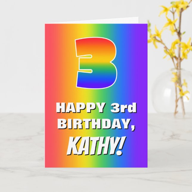 3rd Birthday: Colourful, Fun Rainbow Pattern # 3 Card (Yellow Flower)