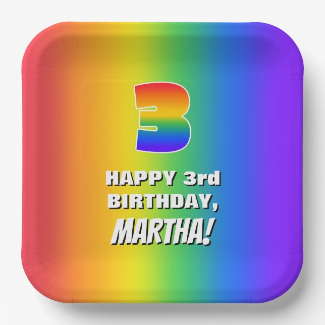 3rd Birthday: Colourful, Fun Rainbow Pattern # 3 Paper Plate (Front)