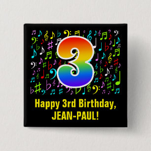 3rd Birthday: Colourful Music Symbols, Rainbow 3 15 Cm Square Badge