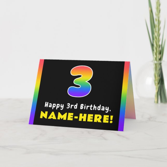 3rd Birthday: Colourful Rainbow # 3, Custom Name Card (Front)