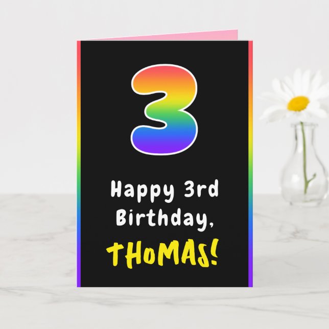 3rd Birthday: Colourful Rainbow # 3, Custom Name Card (Small Plant)