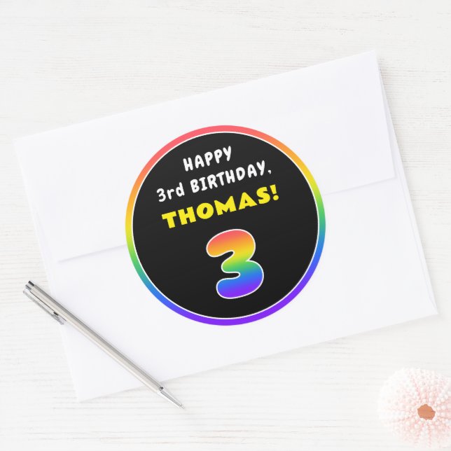 3rd Birthday: Colourful Rainbow # 3, Custom Name Classic Round Sticker (Envelope)