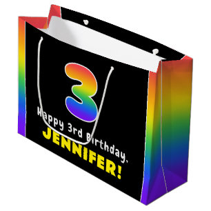 3rd Birthday: Colourful Rainbow # 3, Custom Name Large Gift Bag