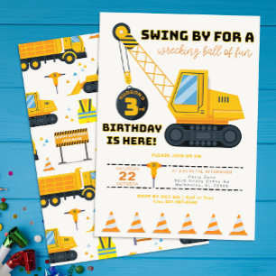 3rd Birthday Construction Crane Invitation 