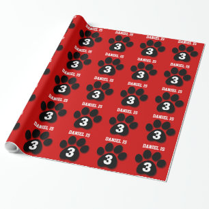 3rd Birthday Custom Name RED BLACK Paw Prints F05 Wrapping Paper