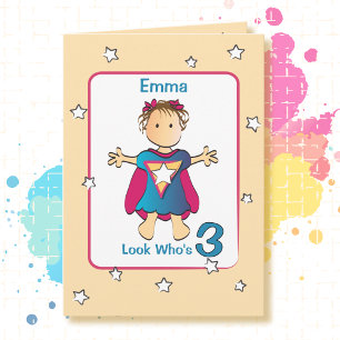 3rd Birthday Cute Super Girl Cartoon Sweet Funny Card
