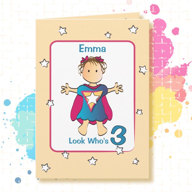 3rd Birthday Cute Super Girl Cartoon Sweet Funny Card (Creator Uploaded)