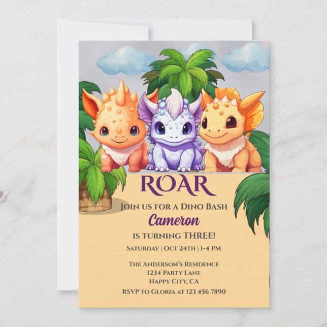 3rd birthday Dinosaur Party  a Dino Bash Invitation (Front)
