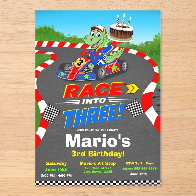 3rd Birthday Dinosaur Race Car Ready Set Invite Acrylic Invitations (Front)