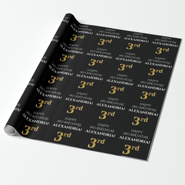 3rd Birthday: Elegant, Black, Faux Gold Look Wrapping Paper (Unrolled)