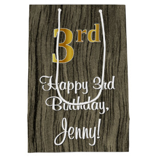 3rd Birthday: Elegant Faux Gold Look #, Faux Wood Medium Gift Bag