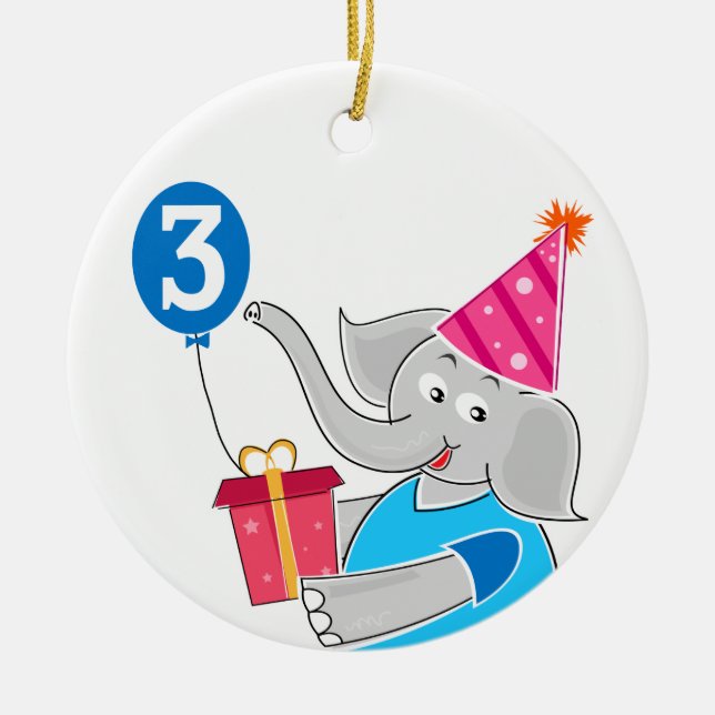3rd Birthday Elephant Ceramic Tree Decoration (Front)