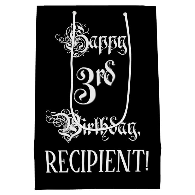 3rd Birthday: Fancy, Elegant Script + Custom Name Medium Gift Bag (Back)