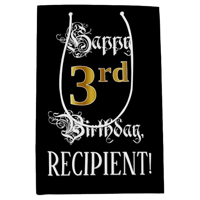 3rd Birthday ~ Fancy Script; Faux Gold Look; Name Medium Gift Bag (Front)