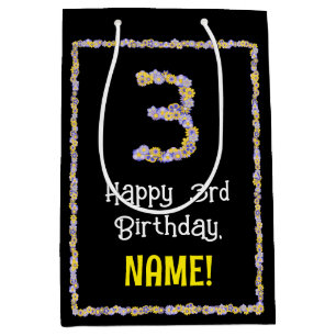 3rd Birthday: Floral Flowers Number, Custom Name Medium Gift Bag