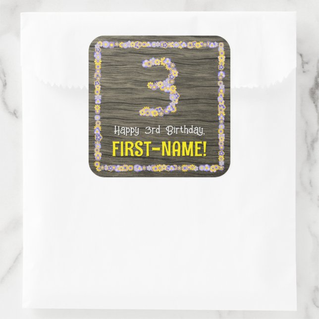 3rd Birthday: Floral Number, Faux Wood Look, Name Square Sticker (Bag)