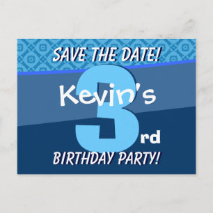 3rd Birthday for Boy Save the Date Blue V07B Announcement Postcard