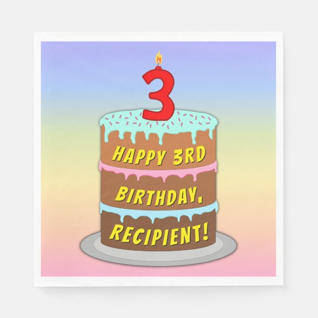 3rd Birthday: Fun Cake and Candle + Custom Name Napkin (Front)
