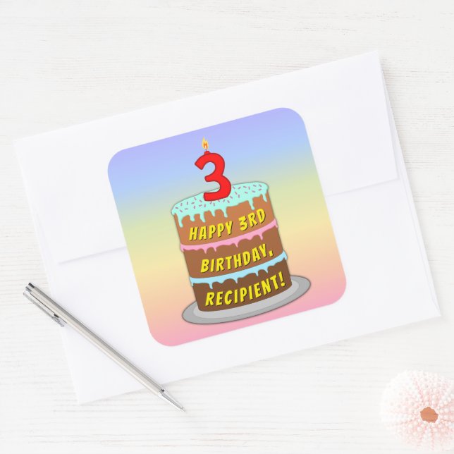 3rd Birthday: Fun Cake and Candle + Custom Name Square Sticker (Envelope)