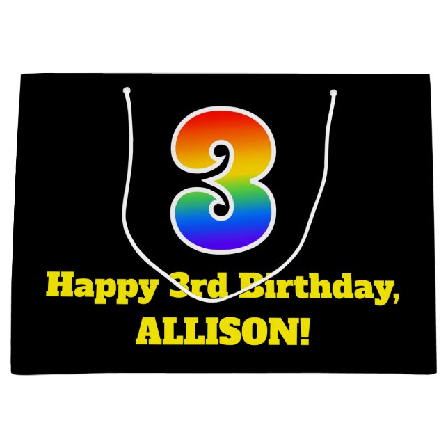 3rd Birthday ~ Fun, Colourful, Vibrant, Rainbow 3 Large Gift Bag (Front)