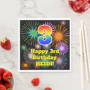 3rd Birthday: Fun Fireworks Pattern + Rainbow 3 Napkin