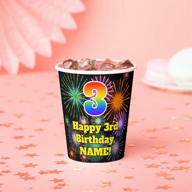 3rd Birthday: Fun Fireworks Pattern + Rainbow 3 Paper Cups (Insitu)