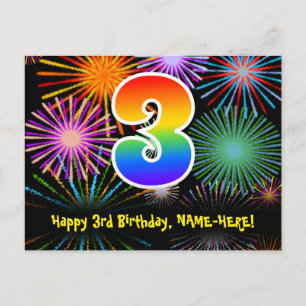 3rd Birthday – Fun Fireworks Pattern + Rainbow 3 Postcard