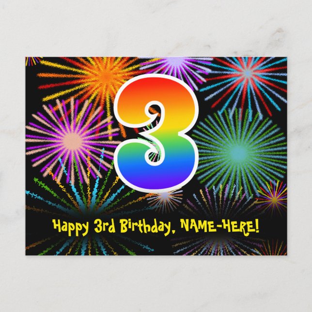3rd Birthday – Fun Fireworks Pattern + Rainbow 3 Postcard (Front)