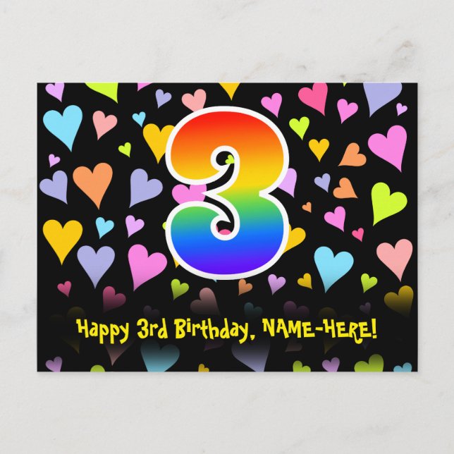 3rd Birthday: Fun Hearts Pattern, Rainbow 3 Postcard (Front)